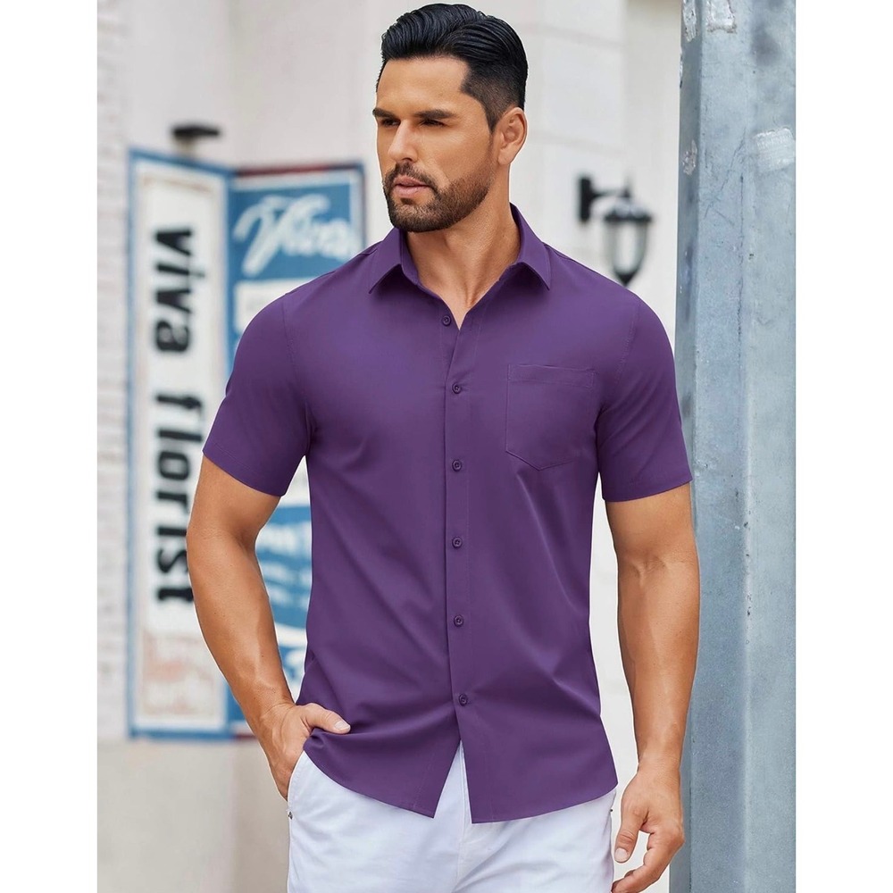 COOFANDY Men's Purple Short Sleeve Button Down Shirt XXL New